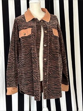 Brown Zebra-Print Corduroy Shacket with Tan Accents